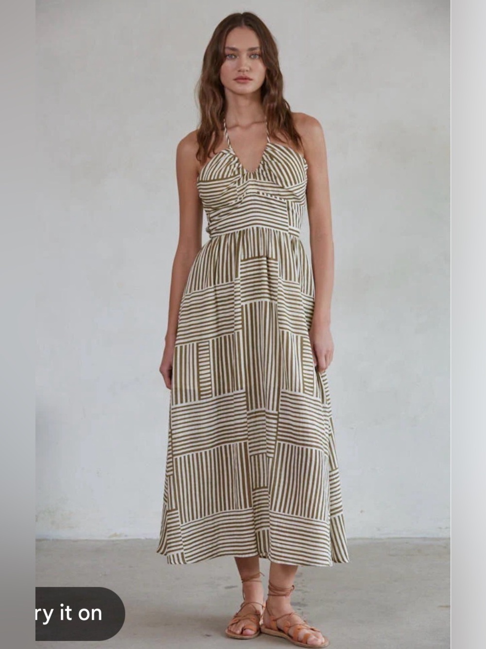 Striped Halter Dress in Dark Green and Cream